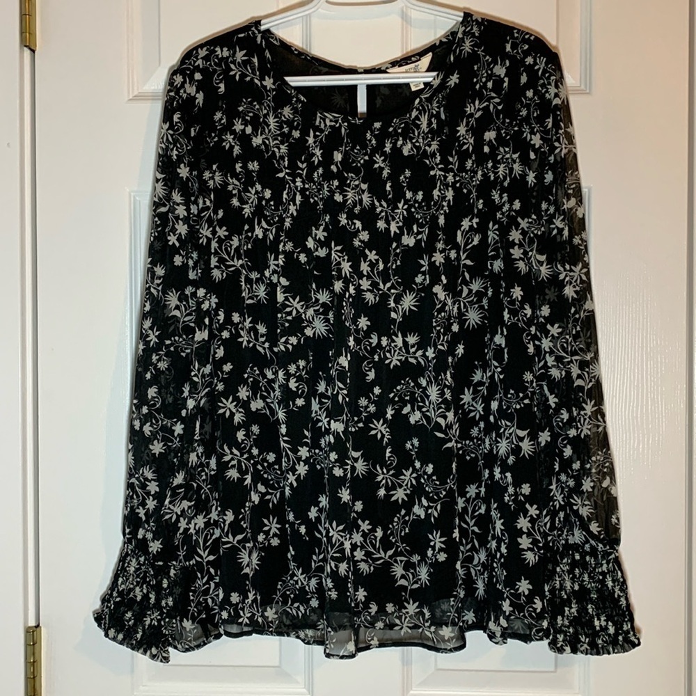 Terra & Sky Sheer Blouse Long Sleeves Black White Floral Print Women’s Size 1X